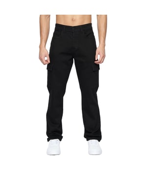 98% Cotton, 2% Elastane. Design: Plain. Pockets: 2 Side Pockets, 2 Back Pockets, 1 Coin Pocket, 2 Thigh Pockets, Flap Closure. Fastening: Zip Fly. Belt Loops. Fit: Loose.