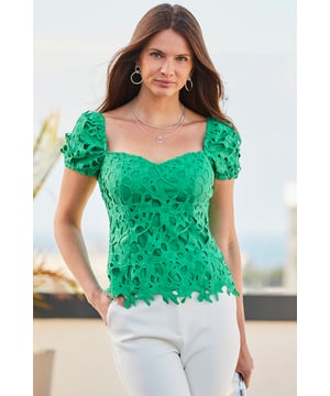 REASONS TO BUY:

There are nice tops, then there are Sosandar tops
Crafted from stunning guipure lace
Oh-so-flattering sweetheart neckline
Puff sleeves for a standout silhouette
Green is the colour of the season
Do jeans and a nice top or sex it up with leather