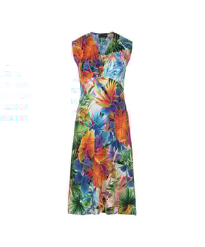 Vestido de verano en tejido de punto elástico multicolor. Sin mangas y escote profundo en V con pliegues a izquierda y derecha. Detalle de costura bajo el pecho con pliegues debajo. Línea imperio con silueta en A. Largo hasta la rodilla. Medidas de la talla 36 (en cm): Hombro -35; Pecho-38; Cintura-38; Bajo-68;Largo del cuerpo-106.