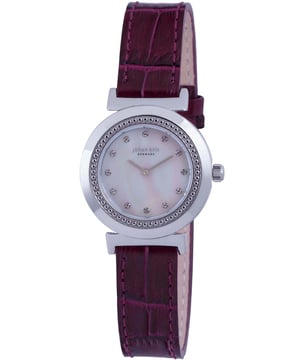 Johan eric: djursland, women's, mop dial watch w with swarovski crystal indices, burgundy leather strap w crocodile pattern top..