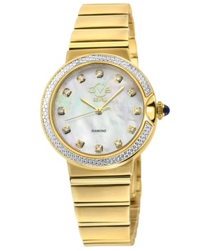GV2 12442B Women's Sorrento Swiss Diamond Watch

GV2 Women's Swiss Diamond Watch from the Sorrento Collection
33mm Round 316L Stainless Steel IPYG Case. IPYG Diamond Cut Bezel
White MOP Dial, 12 Diamonds
Push/Pull Gold Crown
IP Yellow Gold Bracelet With Deployment Buckle
Anti-reflective Sapphire Crystal
5 ATM (50 Meters 165 Feet)
Swiss Quartz Movement Ronda 763