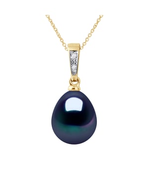 Halskette Diamanten 0,01 Cts trueCultured Freshwater Pear Shape Pear Shape 9-10 mm - Black Color Tahitian Gold Ce Necklace vous sera livré sous écrin une cha&ne plaquée Or offerte Länge 42 cm , 16,5 in - Unser Schmuck wird in Frankreich hergestellt und wird in einer Geschenkbox mit einem Echtheitszertifikat und internationaler Garantie geliefert
