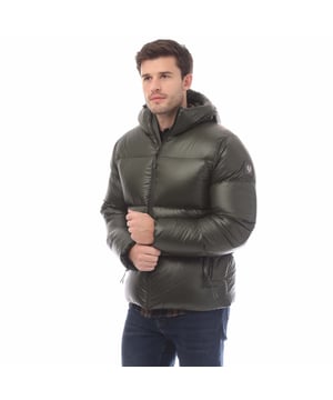 Mens Belstaff Down Filled Ripstop Resolve Jacket in green.- Hood and hem drawcord.- Water resistant centre front zip.- Zip fastening hip pockets.- Silicone phoenix badge on left sleeve.- High-shine  100% recycled nylon in a micro ripstop construction.- High performance  lofty  ultralight and highly insulating down jacket style.- Water repellent.- 750 fill power down.- 100% RDS certified down and feather (IDFL CERT TE-00103785) with PFAS free water-repellent finish.- High-shine  100% recycled nylon in a micro ripstop construction.- 100% Polyamide.- Ref: 105161TLGRN