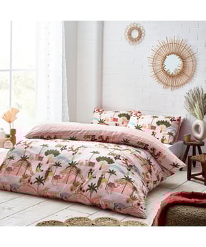 Take a break from the everyday with this dreamy desert duvet cover and pillow case set that celebrates women and the female form. Delicately illustrated landscapes peppered with reclining women sit in harmony with iconography from a far flung destination.