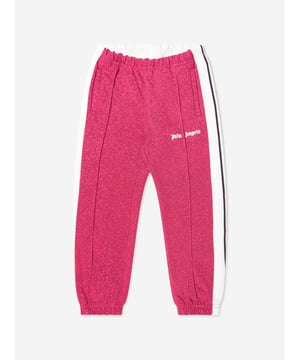 Juniors Palm Angels Logo Lurex Track Pants in fuchsia - white.- Elasticated waist.- Front welt pockets.- Pintuck seams at front legs.- White knitted track band and black stripe at side legs.- Elasticated cuffs.- Palm Angels logo printed at left thigh.- Regular fit.- Fabric: 72% Cotton  17% Polyester  11% Polyamide.  Fabric 1: 100% Cotton.  Detail: 100% Polyester.  Machine washable.- Ref: PGCJ0030013201