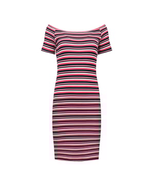 Dieses schicke Off-Shoulder-Kleid, hergestellt aus einer gerippten Viskose-Elastan-Mischung, bietet eine schmeichelhafte und bequeme Passform. Mit kräftigen roten, schwarzen und weißen Streifen betont dieses figurbetonte Kleid Ihre Silhouette. Mit einer Länge von 98 cm in Größe S ist es perfekt für legere Ausflüge oder einen Abend. Der dehnbare Stoff sorgt für Bewegungsfreiheit und behält den ganzen Tag seine Form.