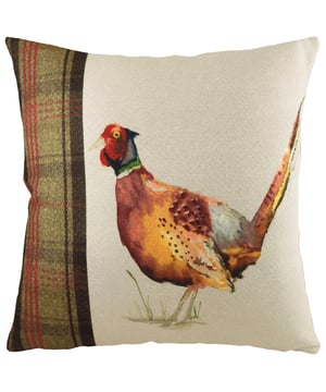 The Hunter cushion brings a modern twist to a country-inspired design. With a hand painted Pheasant accompanied by a panel matching tartan this would be a great addition to any home that's looking to add some character. This is the perfect fit for any neutral or county inspired theme.