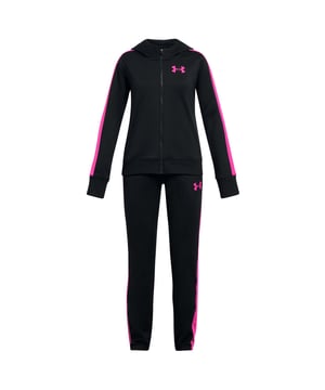 The Under Armour Knit Hooded Girls Tracksuit offers head to toe sport styling with extra coverage. Made with a smooth tricot knit exterior with a brushed interior for soft comfort & warmth. The material wicks sweat and dries really fast ensuring you remain comfortable at all times. The jacket features open hand pockets and ribbed cuffs and hem for a secure fit with an attached hood and contrast colour panel details down sleeve. The pants match with the same colourblock panelling and have a ribbed waistband with external drawcord for a customised fit and open hand pockets. UA branding applied.