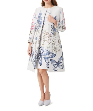 A layer to love. The Jennifer coat showcasing a butterfly motif in premium Italian jacquard will perfectly complement occasion looks - whether you're attending a wedding, the races or an elegant event.
