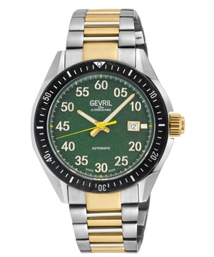Reloj automático suizo Gevril 48306B para hombre de la colección Ascari.
Caja de acero inoxidable 316L de 43 mm con bisel de carbono forjado negro, esfera con estampado verde.
Números arábigos elevados, manecillas luminosas.
Corona roscada con logotipo de Gevril.
Fecha a las 3 en punto, parte trasera de la caja con exhibición.
Brazalete de acero inoxidable 316L bicolor con cierre desplegable IPRG.
Cristal de zafiro anti-reflectante.
Resistente al agua hasta 100 metros/10 ATM.
Movimiento automático suizo SW220.