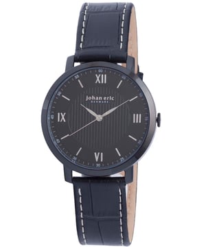 Johan eric: koge, men's, black dial watch, applied indexes w hydraulic stamping pattern, black ip coated stainless steel case & buckle, black  leather strap w crocodile pattern top....