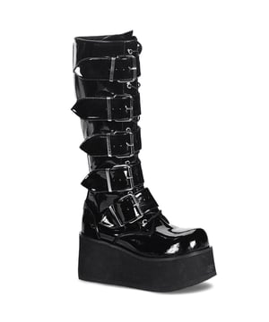 These Demonia Trashville 518 black wedge platform boots are bold and stunning; ideal for making a statement and standing out from the crowd. With gloss black patent leather uppers that are sure to capture eyes wherever you go, these mid-calf boots come with 5 large metallic buckles along the whole of the boots uppers with lacing underneath for a head-turning look. An additional full-length inside metallic zip makes it easy to put these boots on and off and the rubber 3.25" wedge platform sole gives this boot a bold and confident look without coming at the expense of comfort and practicality. Showcase your style with these Demonia Trashville 518 black patent leather midcalf boots.