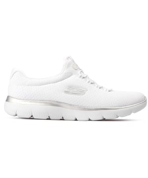 Zapatillas Skechers Summits blancas para mujer, fabricadas en textil y suela de goma. Características: plantilla viscoelástica, lavable a máquina, sin cordones, ligera y vegana.