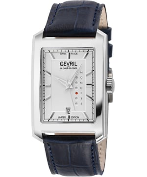 Where the triumphant achievements of human ingenuity embrace the finest offerings of the natural world, behold the Gevril Manhattanhenge Automatic Stainless-Steel Watch – an epitome of masculine sophistication. In a realm where artistry and nature's grandeur converge, this timepiece stands tall, a testament to the exquisite fusion of man's genius and the elements' magnificence.

Capturing a sublime instant when the dance of the sun intersects with the rigid grid of Manhattan's steel jungle, the Manhattanhenge watch pays homage to this biannual spectacle of unparalleled visual splendor. It is a fleeting moment frozen in time, a celebration of the majestic alignment between celestial and architectural forces.

Dominating the wrist with its commanding presence, this horological masterpiece boasts a formidable 31mm x 39mm rectangular stainless-steel case. Its contours mirror the soaring lines of skyscrapers, a symphony of masculinity and elegance that encase the heart of the watch. The centerpiece of this limited-edition marvel is the Vertical Day display, an innovation that channels the power of the sun, gracing the pristine white dial with its radiant presence. Behold through the exhibition case back the meticulous inner workings, while a secure screw-down crown stands as a sentinel of precision.

Gevril's unyielding commitment to perfection is evident in every meticulously crafted detail, including the bespoke Handmade Italian black leather strap, painstakingly fashioned by skilled artisans, securing with a confident tang buckle. This timekeeping masterpiece finds its beating heart in a Swiss-made automatic movement, an assurance that not a single sunrise or sunset shall escape your notice.

Drawn from the embrace of the natural world and elevated through the hands of true artisans, the Manhattanhenge is not just a watch – it is a harmonious sanctuary, a respite from the relentless demands of a bustling day. Amidst the chaos of life, it stands as a beacon of serenity, reminding the discerning gentleman that even in the midst of his endeavors, every pursuit deserves a momentary pause.

Gevril 371.60.62 Mens Manhattanhenge Automatic Stainless-Steel Watch
Gevril Mens Swiss Automatic from the Manhattanhenge Collection
31mm x 39mm Rectangle 316L Stainless Steel Case, White Dial with Exhibition Case Back
Day date
Push Pull
Limited Edition
Genuine Handmade Italian Blue Leather Strap with Tang Buckle
Anti-reflective Sapphire Crystal
Water Resistant to 100 Meters/10ATM
Swiss Made Automatic, Day Date, ETA 2636-2