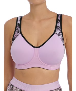 Freya Sonic Moulded Sports Bra. Lightweight spacer cups with wide wiring, a firm underband and J-Hook converter. Average coverage with mid-high support. Product is made of 54% Nylon/Polyamide, 20% Elastane, 26% Polyester and is hand-wash only.