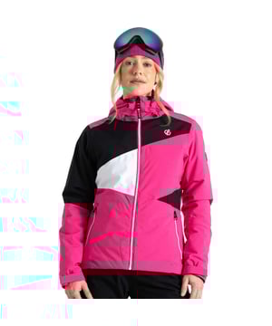 Womens Dare 2b Ice Waterproof Padded Ski Jacket in pink black.- Grown on technical hood with adjusters.- Full length zip with inner zip and chin guard.- Articulated sleeves.- 2 x lower zip pockets.- 1 x internal mesh stow pocket with goggle lens wipe cloth.- Warm inner sleeve cuffs.- Adjustable cuffs & hem.- Recycled polyester lining with scrim back panel for extra warmth.- Taped seams for complete waterproof protection.- Recycled high warmth padding.- Durable water repellent finish.- 100% Recycled Polyester.- Ref: DWP571DLR
