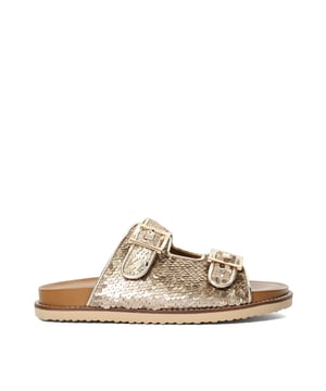 Combining comfort, functionality, and style, our Lequin sandals have been embellished with sequins. The cushioned footbed that has been moulded to support the foot the addition of the adjustable double straps ensures the perfect fit. Resting on a contrasting sole this statement sandal features exposed stitching and branding on the buckles.