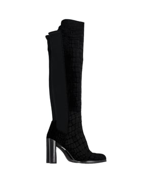 VINTAGE, RRP AS NEW
 Step into luxury with the Stuart Weitzman Crocodile-Embossed Knee-High Heeled Boots in Black Velvet. These stunning boots are crafted from plush black velvet, featuring an eye-catching crocodile-embossed texture that adds depth and sophistication to the sleek, knee-high silhouette. The stiletto heel offers a striking height, while the form-fitting design ensures a flattering, polished look. Perfect for dressing up evening attire or adding a touch of elegance to daywear, these boots effortlessly combine high-fashion appeal with timeless style. A must-have statement piece for any fashion-forward wardrobe, these boots bring refined luxury and undeniable flair to every step.

Stuart Weitzman Crocodile-Embossed Knee-High Heeled Boots in Black Velvet

Condition: Very good
Signs of wear: Minor signs of wear
Packaging: Box, Dust bag
Color: Black
Material: Velvet
Size: EU | 41/UK8/US10.5
Measurements: Heel height: 100; Insole length: 300
SKU: NAPPUGBSH427679W