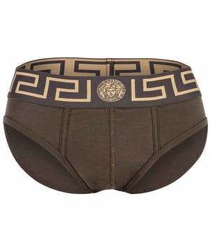 Eleganter Herren Slip der Marke VERSACE. Hochwertige einfarbige Unterhosen. Greca-Muster und Medusa-Motiv am elastischen Bund.