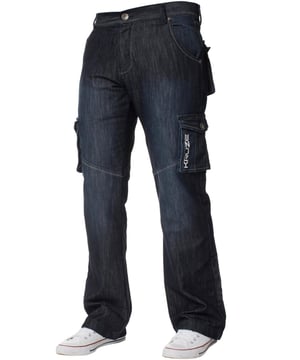 Kruze Mens Designer Cargo Combat Multi Pocket Denim Jeans. 7 Pockets Including Coin, Side Pockets. Back and Side Pockets are Secured with Button Fastening. Contrast Stitching, Adjustable Cinch to the Back. Adjustable Toggle to the Hems. Ideal for Casual and Work Wear. Button Fly Fastening. Branded Buttons and Rivets.
