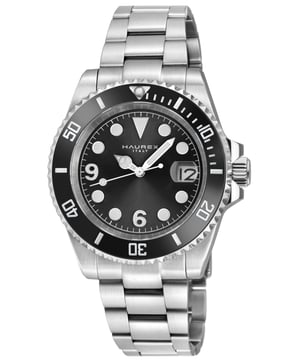 Haurex 4A512UNN Men's Barracuda Automatic WatchHaurex Men's Automatic Watch from the Barracuda Collection43mm Round 316L Stainless Steel Case, Black Ceramic BezelBlack Sunray Dial, Date at 3Push/Pull Crown, Exhibition Case back316L Stainless Steel Brushed Bracelet With Deployment BuckleAnti-reflective Sapphire CrystalWater Resistant to 50 Meters/5ATMAutomatic Miyota Ultra thin 9015