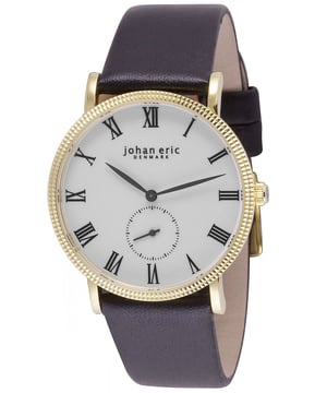 Johan eric men's watch, yellow gold case, white dial, black leather strap