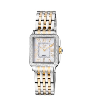 Decadence is in the details.      The Padova Collection by Gevril shares its name with the Italian city that has inspired artists for centuries. From Shakespeare to Giotto, Padova has set the stage for numerous timeless works of art, so it’s only fitting this series of watches features delicate detailing and expert craftsmanship. From the stunning, diamond cut ring dial to the anti-reflective sapphire crystal face, each enthralling element of this timepiece is made to precision. Contrasting roman numeral markers surrounding the face contrast with the dial, and 3 diamonds lay nestled at the VI mark. The square bezel is available in a myriad of metals and features a push-pull crown. This Swiss-Movement watch is water resistant for 30 meters. Dazzle in diamonds and enduring elegance with a timepiece from the Padova Collection.
GV2 12304B Women's Padova Swiss Diamond Watch
GV2 Women's Swiss Watch from the Padova Collection
28.5 mm Rectangle Rose Gold Case, Push Pull crown
Stunning White MOP dial with Diamond Cut ring on dial, 3 Diamonds at 6.00
Two-toned SS/IPYG Bracelet with Deployment Buckle
Anti-reflective Sapphire Crystal
Water Resistant to 30 Meters/3ATM
Swiss Movement Ronda 762