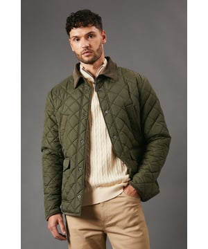 Diamond quilted design for a classic, timeless look
        Corduroy collar adds a touch of sophistication
        Snap button closure for easy wear
        Practical side pockets for essentials
        Versatile style suitable for various casual occasions
    
    This Maine Cord Collar Diamond Quilted Jacket seamlessly blends practicality with style. The distinctive diamond quilting not only provides insulation but also creates a refined aesthetic that's perfect for the fashion-conscious gent. The corduroy collar adds a subtle textural contrast, enhancing the jacket's overall appeal. Ideal for casual outings, family gatherings, or weekend strolls, this jacket can be effortlessly styled with a variety of looks. As seen on our model, pair it with a cream cable knit jumper and chinos for a smart-casual ensemble that's both comfortable and stylish. For a more laid-back vibe, throw it over a simple t-shirt with your favourite jeans and trainers. The versatility of this jacket makes it a wardrobe essential, easily transitioning from autumn to spring while keeping you looking sharp in any casual setting.