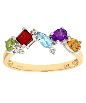 Oro blanco de 9 quilates (375): 3,4 g; # Diamante: 0,02 ct; # Amatista, peridoto, topacio azul, citrino y granate: 0,85 ct
