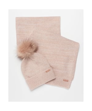 Boxed together for the perfect gift, this set comprises a scarf and hat, subtly detailed with a metallic sparkle throughout, and finished with rose gold metallic logo badges.

75% acrylic 22% nylon 3% elastane
Metallic sparkle effect
Tonal pom
Ribbed cuff
Metal logo badge to front
Presented in gift box
Hand wash only