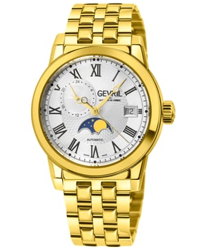 Like a fine suit or smooth scotch, Gevril’s Madison Collection proves straightforward and sophisticated always wins. Like Madison Avenue itself, luxury prevails in the sleek 39mm round Stainless Steel Case with an Exhibition Back. Whether on Italian leather or Stainless Steel bracelet with deployment buckle, the Madison man is bold, authoritative and decisive. Swiss Automatic movement. anti-reflective Sapphire crystal. Precision-ready construction is water resistant up to 50 meters.

Perfect for the real life Mad Man, the Madison Collection demands attention.

Gevril 2592B Men's Madison Swiss Automatic Watch

Gevril Men's Swiss Automatic from the Madison Collection
39mm Round IPYG Case, Silver Dial, Moon Phase Window
GMT Sub Dial at 10, Date at 3 o'clock, Screw Down Crown, Exhibition Case back
IPYG Satin and Polished Bracelet with folding Deployment Buckle
Anti-reflective Sapphire Crystal
Water Resistant to 50 Meters/5ATM
Swiss Automatic Movement, Moon Phase, Sellita SW285-B