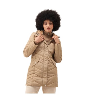 Stylish and warming, our Panthea women's jacket will help you weatherproof your wardrobe. Featuring Warmloft insulation, the cold will be kept at bay. Finished with trendy snap fastenings and a high-shine coating. 100% polyester high shine fabric. Recycled Synthetic Warmloft down-touch insulation. Partially made reusing plastic bottles. Polyester taffeta lined. 3 piece hood with inner shockcord. Centre front zip. 2 Lower pockets with branded snap fastening.