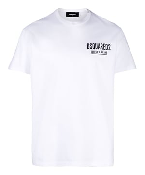 logo-print cotton T-shirt from DSQUARED2 featuring white, cotton, jersey knit, logo print at the chest, crew neck, short sleeves and straight hem.