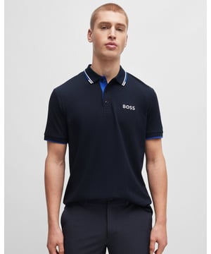 A distinctive polo shirt cut to a regular fit, by BOSS Menswear. Featuring contrast branding at the left chest and back neck, this short-sleeved polo shirt is designed in cotton-blend fabric with S.Café® and stretch for casual comfort. 3D stripes add a sporty touch at the collar and cuffs.
Regular fitFlat-knit collarNumber of buttons: 3Short sleevesFlat-knit cuffsStandard length
56% Cotton, 39% Polyester (recycled) , 5% Elastane
50469102
 