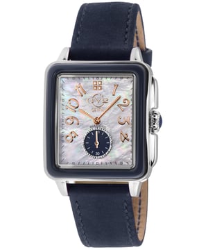 GV2 9260 Bari Enamel Swiss Quartz Diamond Watch
GV2 Women's Swiss Watch from the Bari Collection
37 mm Square 316L Stainless Steel Case, Blue Enamel Bezel
White MOP Dial, 4 Diamonds at 12:00, Blue Diamond Cut ring at 6:00
Push Pull Fluted crown with Blue cabochon Stone
Genuine Italian Blue Suede Leather Strap with Tang Buckle
Anti-reflective Sapphire Crystal
Water Resistant to 50 Meters/5ATM
Swiss Quartz Movement Ronda 1069