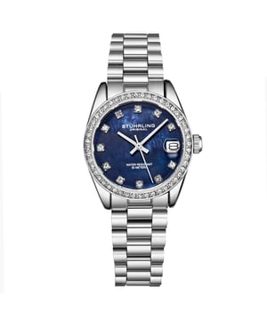 Women's Quartz Silver Case, Silver Crystal Studded Bezel, Blue MOP Dial, Silver Hands, Crystal Markers, Silver Bracelet Watch