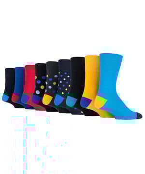 If you're looking to add some fun and colour to your wardrobe, look no further than Gentle Grip's 9 Pair Value Pack of Socks. The pack includes 9 pairs of socks with a choice of plain and funky patterns like, Argyle, Colourburst, Heel & Toe and more! This high quality collection of designs is as good as they feel too, made from soft and comfortable cotton rich yarn. All SockShop Gentle Grip socks are built to take care of your legs, comfortably moulded to their natural contours without leaving any of these constriction rings. These socks feature the Gentle Grip Honeycomb Top which helps aid circulation which makes them extremely comfortable to wear, especially if you struggle with circulatory problems, swollen legs, ankles and feet. They have been designed with care so that they will last for years to come. With the soft grip non elastic tops that do not fall off during wear helps avoid restriction and pressure hotspots. The flat seamed toes for extra wearability will make sure your feet stay comfortable all day long whether you're going out on the town or simply relaxing at home. These are Men’s One Size: 6-11 UK, come in a range of great patterns and are a 9 pair value pack. They are made from: 76% Cotton, 19% Polyester, 3% Nylon, 2% Elastane and are Machine Washable.