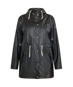 Ontdek de ultieme soepele regenjas voor je outdooravonturen. Dit stijlvolle parka-jack heeft een relaxte pasvorm, een capuchon met trekkoord en een ritssluiting aan de voorkant voor bescherming. Met een drukknoopsluiting, klepzakken en een trekkoord in de taille is hij functioneel en toch chic. Jas met hoge kraag voor extra bescherming. Gemaakt van waterdicht materiaal met gelaste naden, waterdicht tot 3000 mm. Dit artikel maakt deel uit van de Plus Size Collectie.  Ronde regenjas