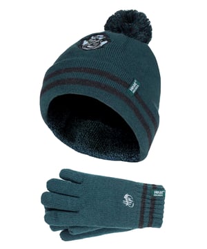 This charming Harry Potter Hat & Gloves Set will make any Harry Potter fanatic excited to keep warm. The pom pom detail on the hat adds an adorable finish to the set. It features a turn over cuff and matches the colours of the relevant Hogwarts House. To keep your child warm, this set features the latest HeatWeaver thermal lining to maintain the maximum level of heat. One size fits all. Available in Gryffindor and Slytherin styles. Outer Material is 96% Acrylic, 4% Polyester. Lining is 100% Polyester. Machine Washable at 40. Do not Tumble Dry.