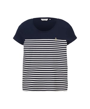 Dit casual shirt met korte mouwen combineert tijdloze elegantie met een moderne touch. Het losse model en de ronde hals met geribde boorden garanderen een comfortabele pasvorm en bewegingsvrijheid. Het streepdessin op de voorkant geeft het shirt een frisse en stijlvolle touch, terwijl het fijne borduursel subtiele accenten toevoegt. Gemaakt van zacht materiaal is het comfortabel om te dragen - ideaal voor ontspannen dagen in stijl.