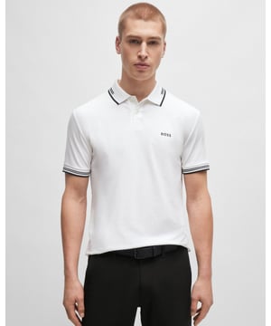 A contemporary polo shirt cut to a defined fit by BOSS Menswear, created in stretch cotton with contrast stripes and branding.

Slim fit
Flat-knit collar
Number of buttons: 2
Short sleeves
Flat-knit cuffs
Standard length
92% Cotton, 8% Elastane

50506193