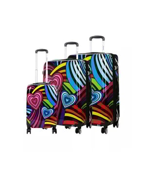 Introducing our Hard Shell 4 Wheel Suitcases with a delightful Multi Flower  Print – an embodiment of style and functionality for your travels. Crafted with the highest standards, these suitcases boast strong and flexible polycarbonate material, providing ample packing space and supreme protection for your belongings, Design Features: Vibrant multi hearts print for a unique and eye-catching look, Smooth dual 360° 4-wheel spinners for effortless maneuverability, Ergonomically designed self-locking telescopic handle for comfort, Expandable feature on medium and large sizes, providing 20% extra space, Built-in 3-digit combination lock ensures security, Inside, enjoy the convenience of elasticated tie-down straps, a middle divider laundry section, and a large zippered pocket for small items. The fully lined interior with high-quality polyester enhances durability. The waterproof hard shell with PC coating offers lightweight yet strong protection. The unique print makes spotting your luggage easy on the airport carousel. Available in cosmetic, small cabin, large cabin, medium check in, and large check in sizes to suit all travel needs. Optimize your investment with a discounted price when purchasing the complete set of five sizes. Elevate your travel experience with this stylish and practical suitcase set, Large Cabin | 55x35x20cm/ 2.50KG, 34L,Medium | 65x42x26cm capacity  64L, large | 75x48x30cm capacity 97L  - Note: Please select preferred size. Sizes sold individually, not in sets.
