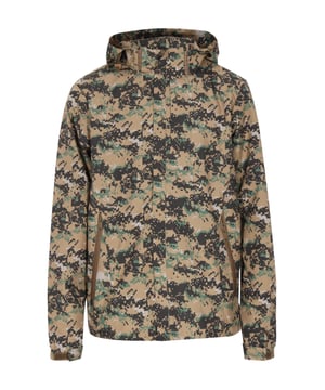 Diese für robuste Outdoor-Aktivitäten konzipierte Kapuzenjacke besticht durch ihr militärisch inspiriertes Muster und einen durchgehenden Frontreißverschluss mit Druckknöpfen oder Klettverschluss. Der hohe Kragen, der in die verstellbare Kapuze übergeht, bietet zusätzlichen Schutz. Verstellbare Bündchen und mehrere praktische Taschen machen sie ideal für Situationen, in denen Tarnung und Schutz vor den Elementen erforderlich sind.  Jacke