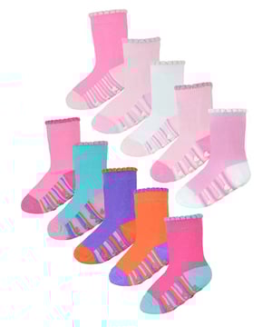If your little ones are in need of a sock drawer top up but you need something to last them playing on hard surfaces then why not consider these great 10 Pair Value Pack Cotton Rich Socks with Grippers? Designed with you little princess in mind, these socks come with cute and colourful heel & toe patterns but with non-slip grippers on the bottom of each sock. This is to ensure that they don’t slip over on hard surfaces while playing around the house. These baby girl socks are Cotton Rich which will make sure that their feet remain super soft and comfortable throughout the day. With bright & funky colours throughout this 10 pack, there's plenty to keep them going. These socks come in 2 different styles. One pack includes: Pinks, Purple & Whites all with funky grips. The other includes: Yellow, Pink, Blue, Purple & Light Blue, all with colourful grips as well. These socks come in 10 pairs and different 2 styles. They are available in 3 sizes: 0-6 Months, 6-12 Months & 12-24 Months. They are made from 78% Cotton; 20% Polyester; 2% Elastane and are Machine Washable.