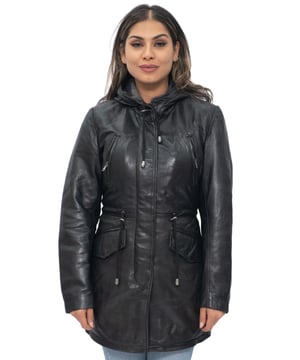 This jacket features a sleek exterior design which is great for those looking to stay sophisticated during the winter weather. The interior lining is kept warm and features a chequered pattern, and additionally features a waistband for added comfort to this piece. The front zip is concealed by a buttoned fly which contributes to clean aesthetic, which is aided by the concealed hardware that features on the zipped and flap pockets on the jacket exterior. For increased protection from the cold the jacket features a hood that can adjusted with drawstrings to result in your intended look and feel. • 100% premium ultra-soft nappa leather • Furnished with a concealed YKK zip fastening and adjustable hood • Features 4 exterior pockets and a drawstring motif on the jacket front