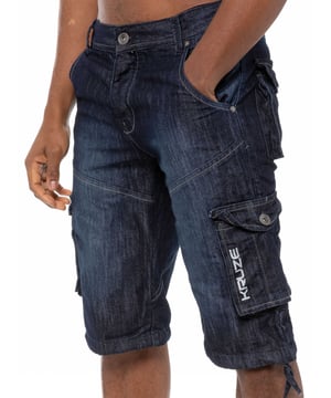 Kruze Mens Cargo Combat Denim Shorts. 7 Pockets Including Coin Pocket, Cut and Sew Design, Contrast Stitching, Button Fly Fastening, Branded Buttons and Rivets, Adjustable Drawstring to Hems, Ideal for Casual and Work Wear, Available Colours: Dark Wash, Grey, Light Stonewash, Mid Stonewash.