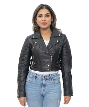 This jacket is made of ultra-soft leather and finished in our premium nappa which sports a contemporary cropped length and form fitting design. We’ve introduced features such as quilted shoulders and extended vertical zip pockets with the intention to give this jacket a distinctive chic look. To ensure comfort when wearing our jacket, we’ve introduced zipped cuffs that allow you to roll the jacket sleeves up and a buckle adjustable waist for tightening to achieve your desired look and feel. In classic Brando style this jacket features a wide notched lapel which has been a staple addition for adding flair to any jacket style. • 100% premium ultra-soft nappa leather • Premium Satin lining • Furnished with off centred YKK zip fastening and wide notched lapel • Features 2 zipped exterior pockets and quilted detailing.