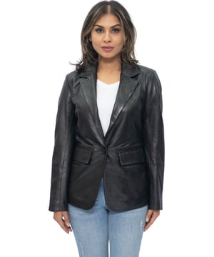 Elevate your style with our Women's Leather Blazer Jacket. Crafted from soft and supple lambs nappa leather, this jacket offers a luxurious and comfortable feel. It features two exterior waist pockets for a touch of functionality and added style. Available in two stunning colours, this jacket allows you to express your personal taste. The collar showcases notched lapels, adding a sophisticated touch to the overall design. With a one-button closure, this blazer-style jacket exudes elegance and versatility. Whether you're heading to the office or going out for a night on the town, our women's leather blazer jacket is the perfect choice.  • Soft and supple lambs nappa leather construction • Two exterior waist pockets for a touch of functionality • Available in two stunning colours • Notched lapels on the collar for a sophisticated look • One-button closure for elegance and versatility.