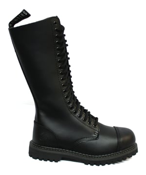 Another true classic from Grinders the King is an aptly named style which is hugely popular amongst those looking for either Gothic, emo, punk, or biker style boots. This boot features a 20-eyelet lace fastening for a secure and comfortable fit that is aided by a removable padded insole and strong pull loops for comfortable wear and ease in getting these boots on and off. This boot is made strong and sturdy by a hard-wearing air cushion commando sole unit which has been welted using the Goodyear method and is fitted with a steel toe cap for extra safe wear. • 20 Eyelet Derby Boot lace fastening • Abrasion resistant upper which is heat embossed with Grinders logo • Toe is steel capped for extra protection • Goodyear Welted commando soles (CS) • Leather uppers