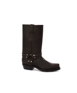 This classy leather boot appears in a high leg silhouette and features a stud detailed tri harness design that wraps around the boot and is connected by a metal ring. The slip-on design of these shoes is enhanced by the use of branded pull-on loops and stitched twin side elasticated gussets that make these boots easy to get on and off. For an added durable quality, the sole of this boot is welted using the Goodyear method, which is known for providing strength and long last to shoes. • High Leg Harness Boots • Goodyear Welted sole • Shoe upper is crafted from premium leather • Features a soft leather lining • Rubber soles • Made in Mexico